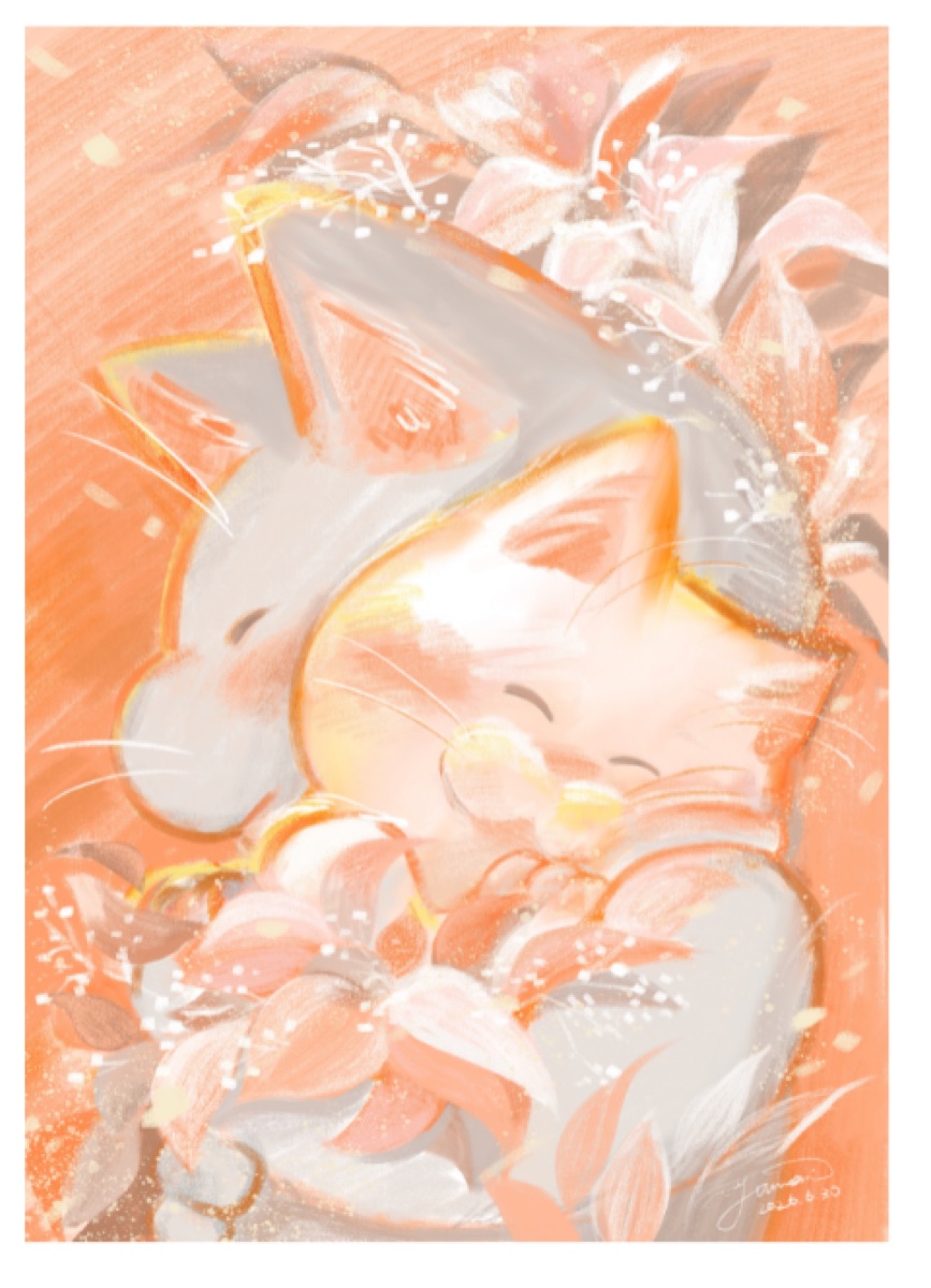 原画「はじめまして。」眠る猫の親子