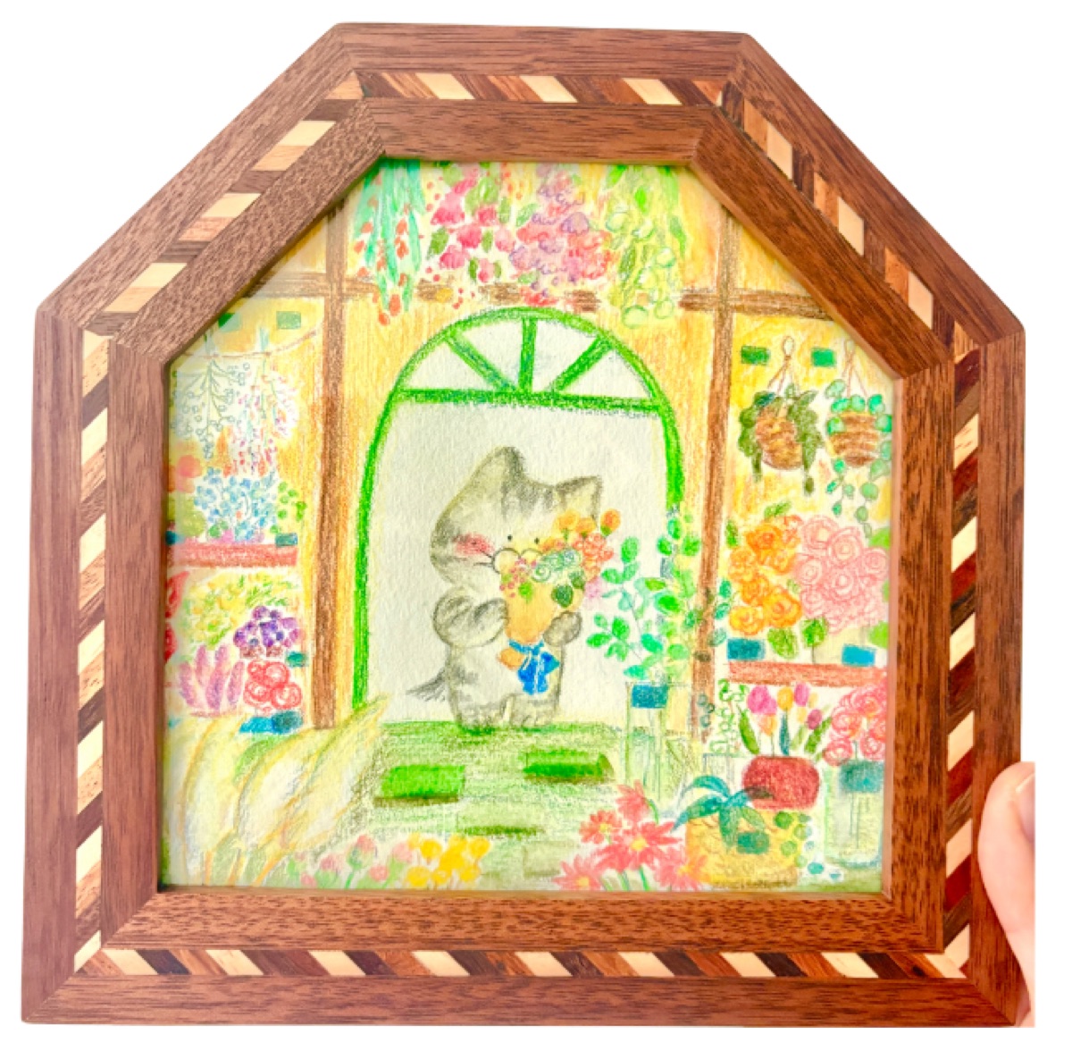 原画「はじめての花屋さん」家型額・花の窓辺