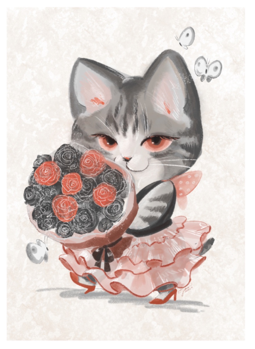 原画「花も、棘も、わたし。」花束の子猫