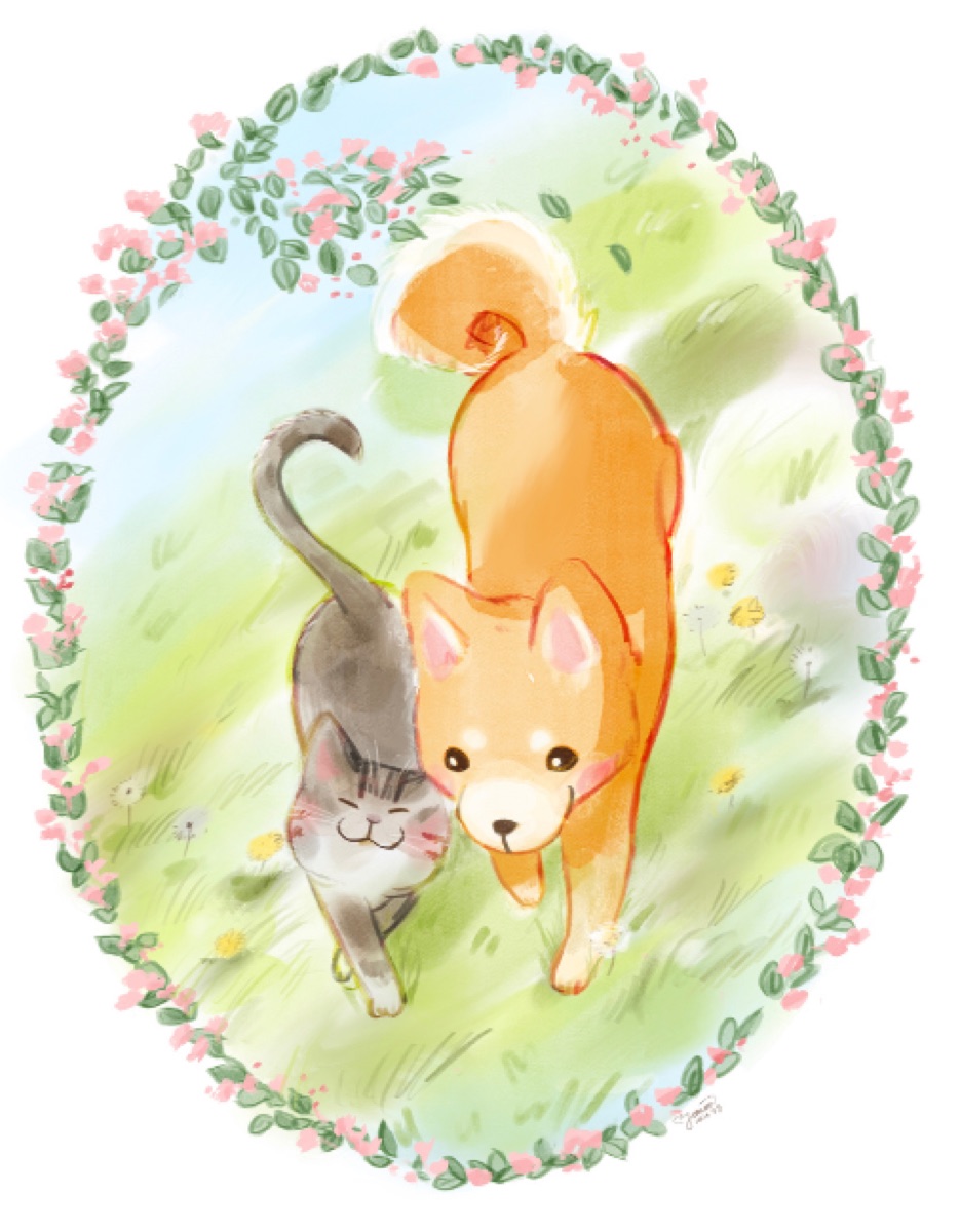 原画「あなたと。」リースの柴犬と猫