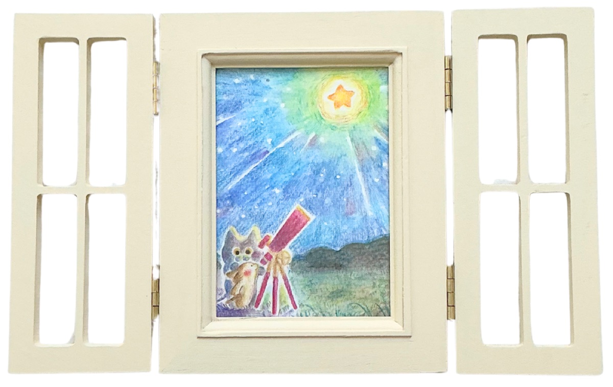 原画「いちばんぼし、見つけた！」窓額・望遠鏡と星空