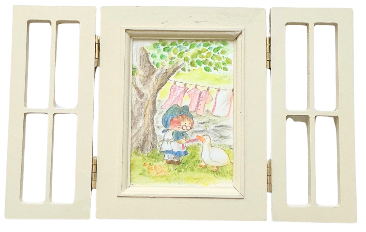 原画「小さなライバル。」窓額・木の下のお洗濯