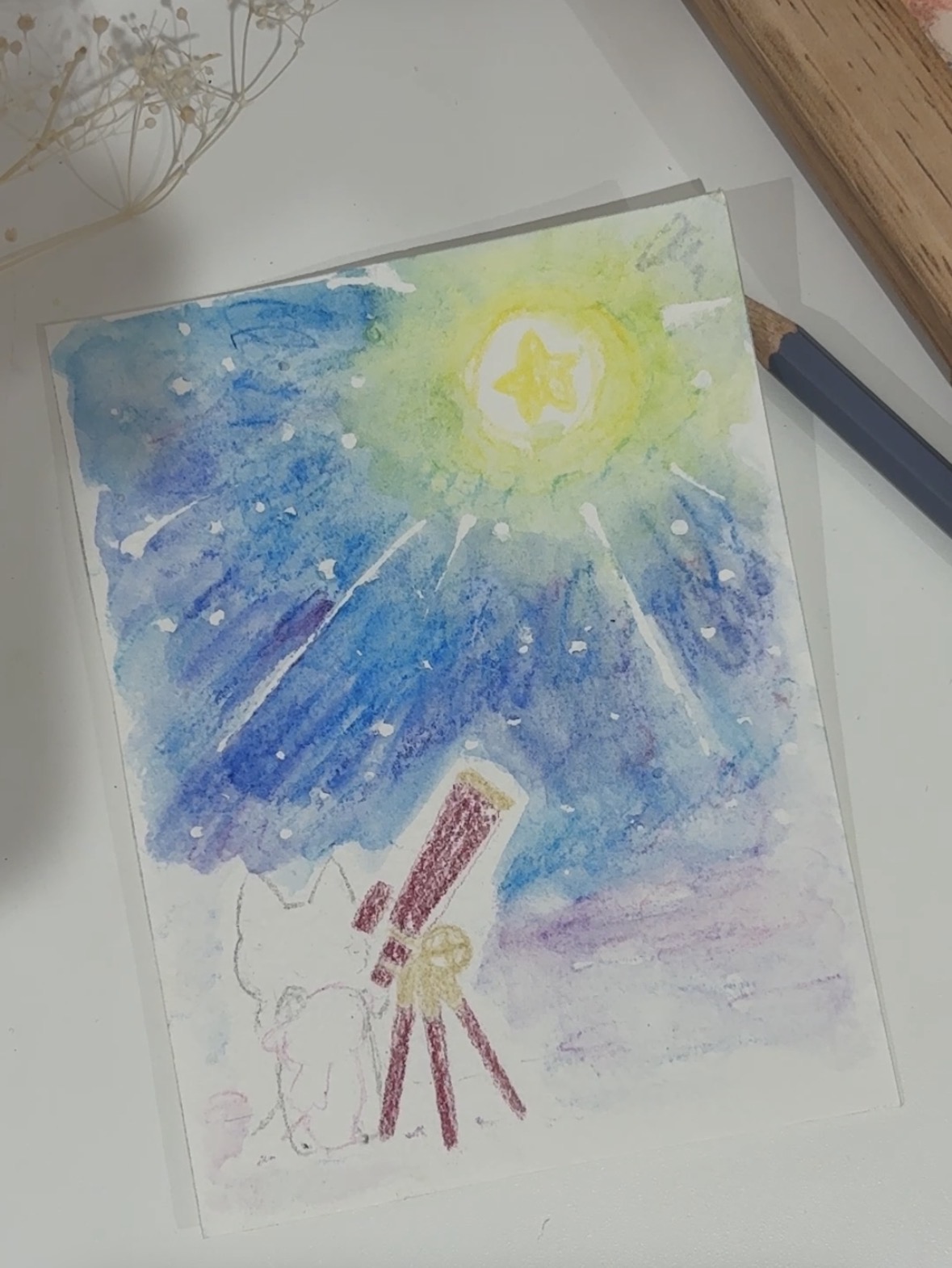 制作途中：一番星を色鉛筆で塗る