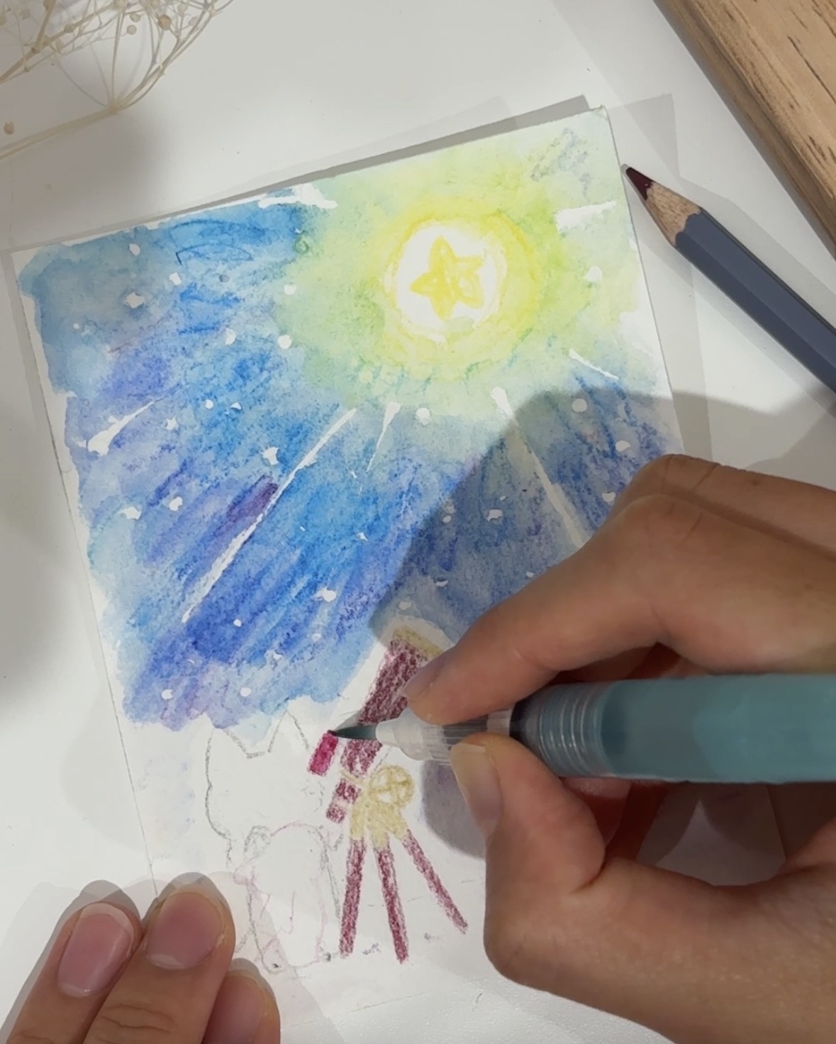 制作途中：夜空と望遠鏡を塗る